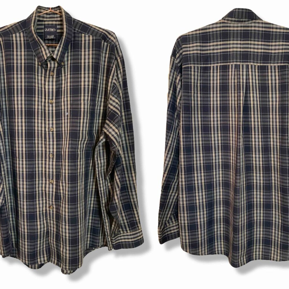Vintage Puritan Collar Button Up Pocket Plaid Long Sleeve Men L Blue